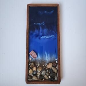 Wood Decor Tray Epoxy Resin Art Ocean Waves Beach Table Dish Tray 5"x13"